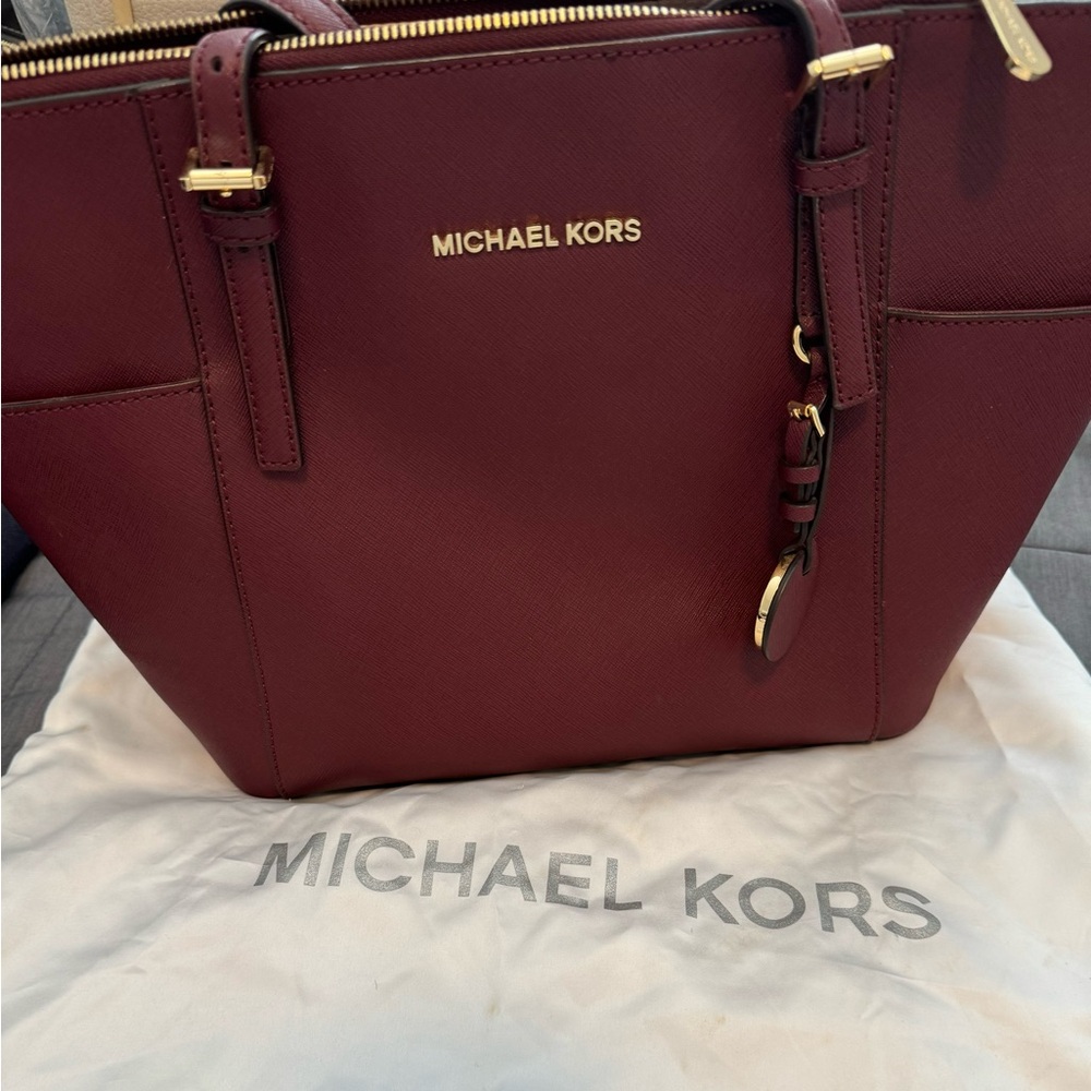 Michael Kors charlotte large Saffiano leather top zip tote bag oxblood